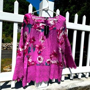 Curations Printed Gauze Lace-Trimmed Blouse size m
